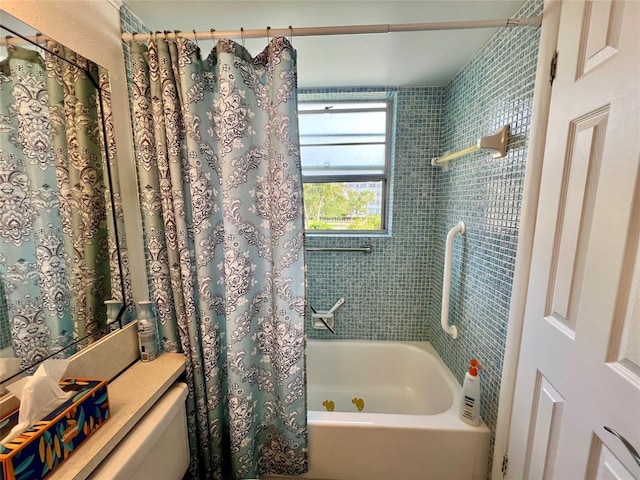 bathroom with shower / bathtub combination with curtain