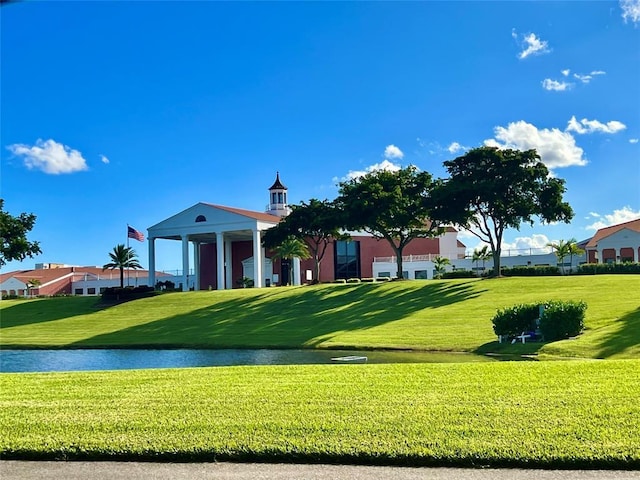 surrounding community featuring a lawn and a water view