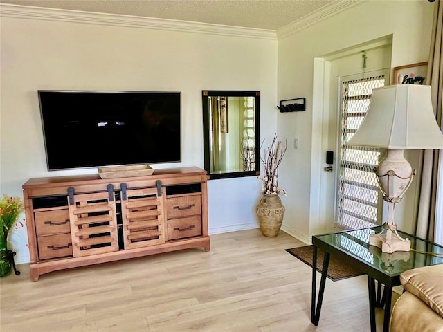 living room with light hardwood / wood-style floors, ornamental molding, and a textured ceiling