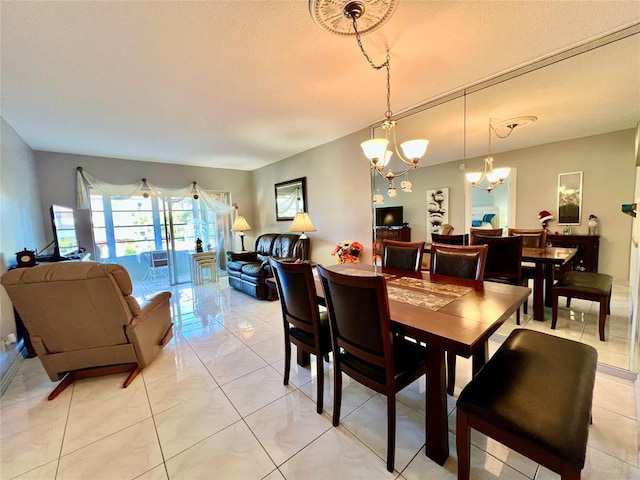 dining room with light tile patterned floors and a chandelier