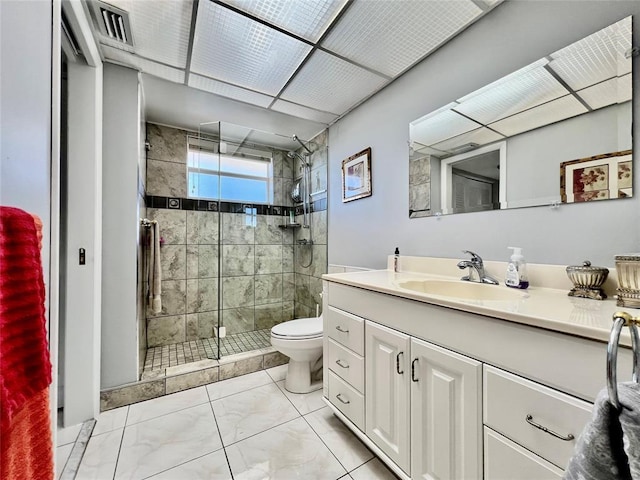 bathroom with vanity, toilet, and walk in shower