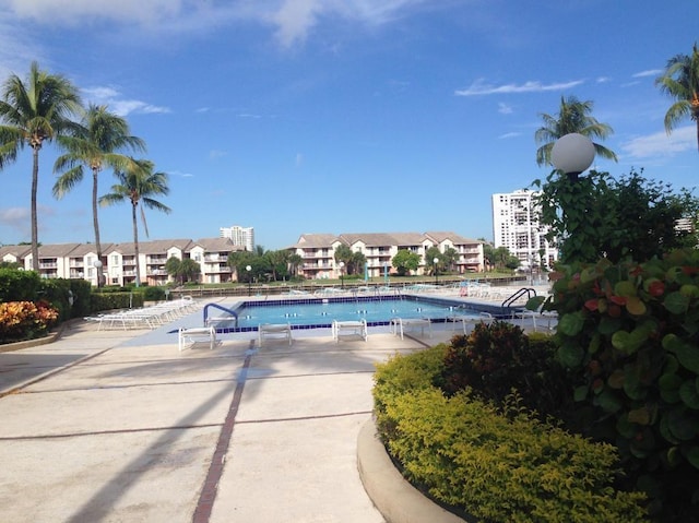 view of swimming pool featuring a patio area