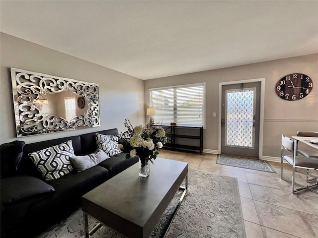 living room featuring light tile patterned flooring