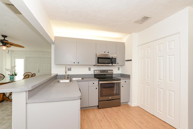 kitchen featuring a kitchen breakfast bar, sink, a textured ceiling, appliances with stainless steel finishes, and kitchen peninsula