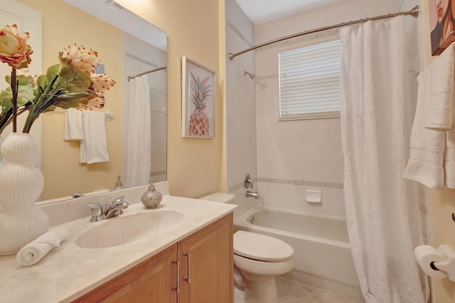 full bathroom with toilet, vanity, tile patterned floors, and shower / bath combo with shower curtain