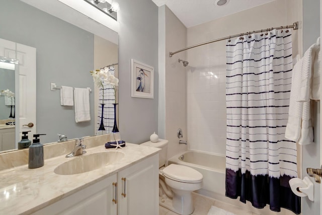 full bathroom with toilet, tile patterned flooring, shower / bathtub combination with curtain, and vanity