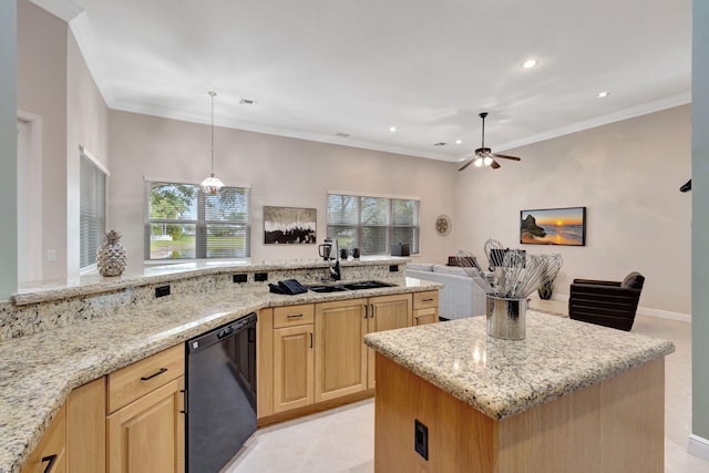 kitchen with a center island with sink, black dishwasher, light brown cabinetry, light stone counters, and sink