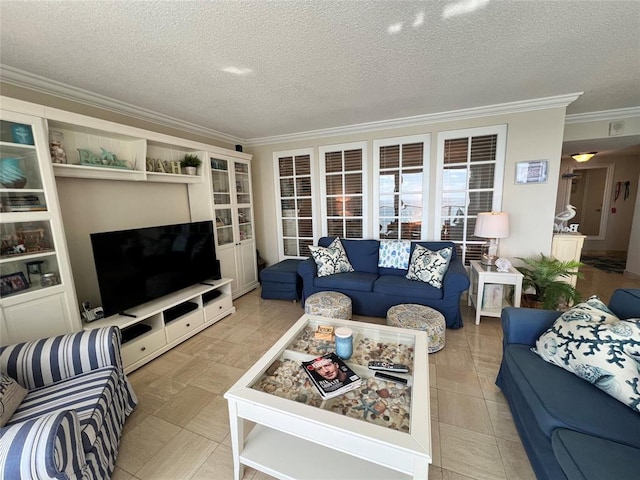 living room with ornamental molding and a textured ceiling