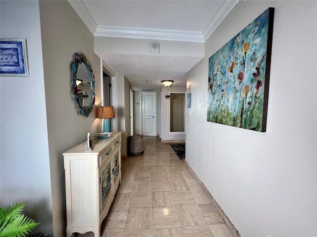 corridor featuring crown molding and a textured ceiling