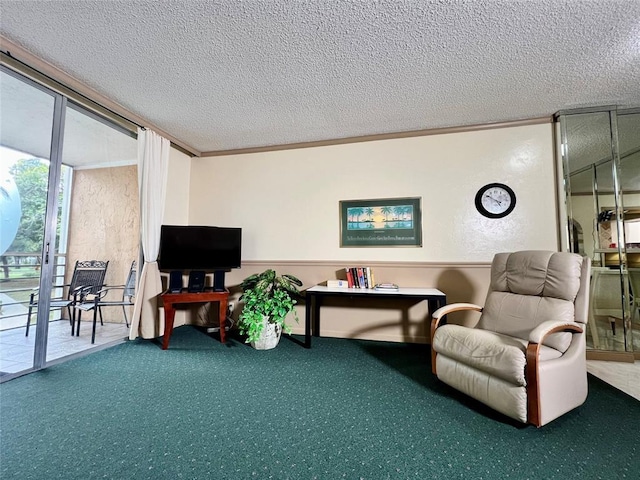 sitting room with a textured ceiling, carpet floors, and crown molding