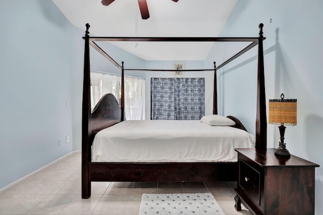 bedroom featuring ceiling fan and light tile patterned floors