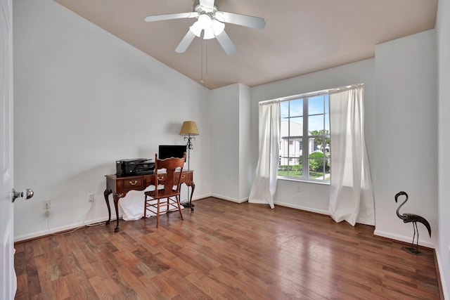 office with lofted ceiling, hardwood / wood-style flooring, and ceiling fan