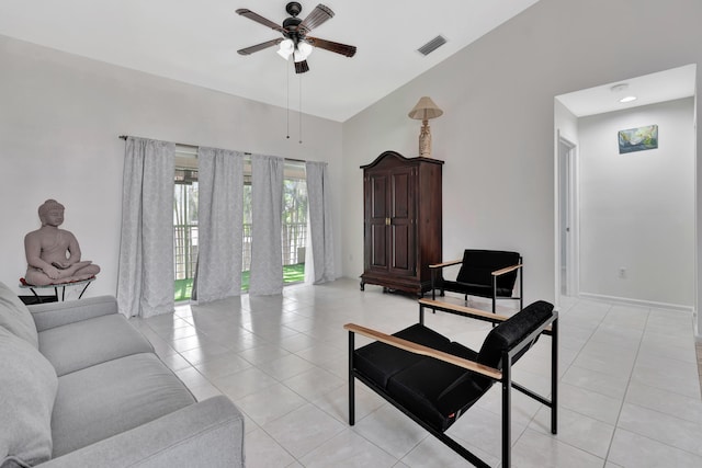 202 Muirfield Ct Unit E, Jupiter, FL 33458 - living area with light tile patterned floors, ceiling fan, and high vaulted ceiling