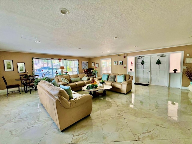 living room featuring a textured ceiling