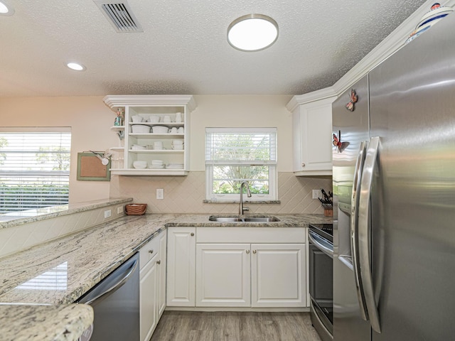 kitchen featuring light stone countertops, appliances with stainless steel finishes, decorative backsplash, sink, and white cabinetry