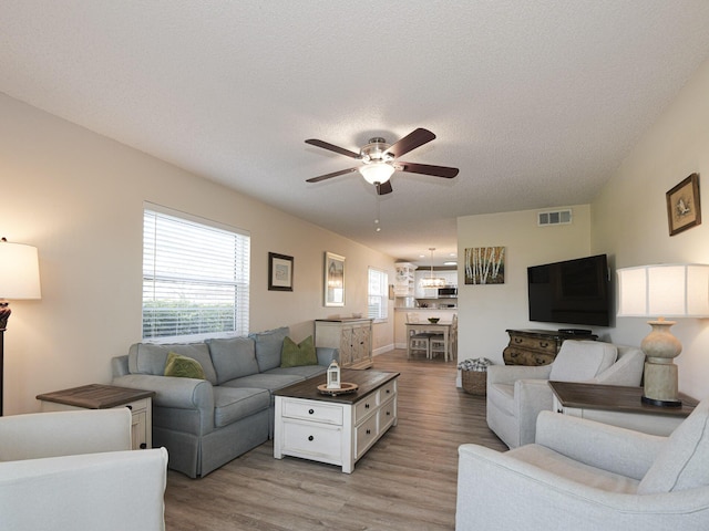 living room with ceiling fan, light hardwood / wood-style flooring, a healthy amount of sunlight, and a textured ceiling