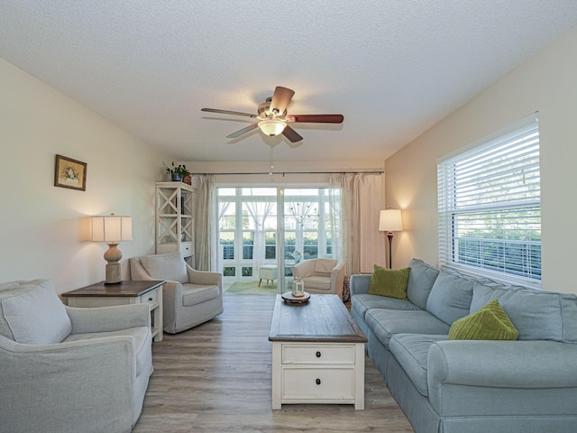 living room with ceiling fan, a textured ceiling, a wealth of natural light, and light hardwood / wood-style flooring