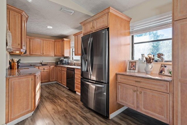 kitchen with dishwasher, sink, dark hardwood / wood-style floors, a healthy amount of sunlight, and stainless steel refrigerator