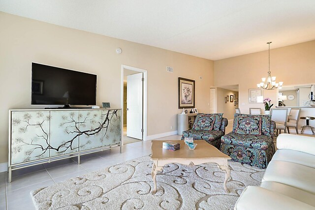 tiled living room with a textured ceiling and lofted ceiling