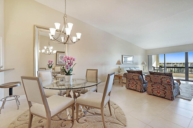 living room with light tile patterned flooring, lofted ceiling, and a textured ceiling