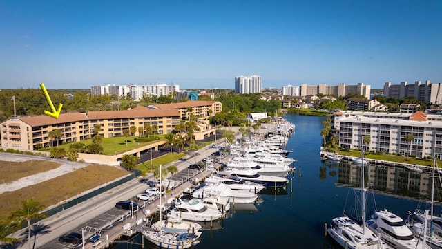 bird's eye view with a water view