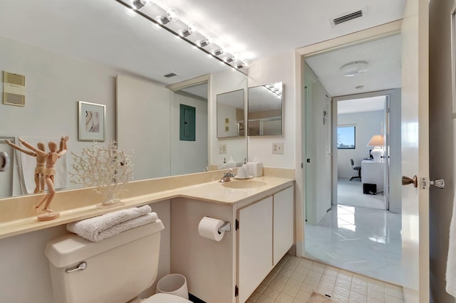 bathroom with toilet, vanity, and electric panel