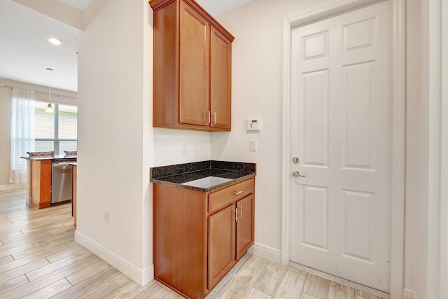 kitchen featuring stainless steel dishwasher, decorative light fixtures, and dark stone counters