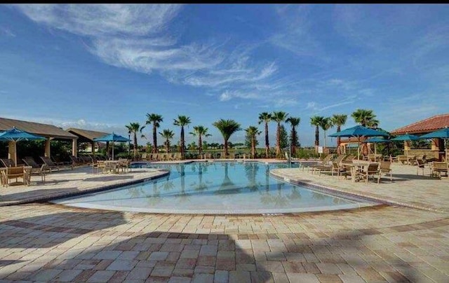 view of swimming pool featuring a patio area