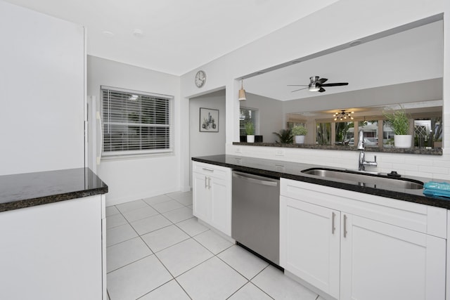 kitchen with dishwasher, white cabinets, ceiling fan, and sink