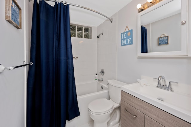 full bathroom with vanity, toilet, and shower / bathtub combination with curtain