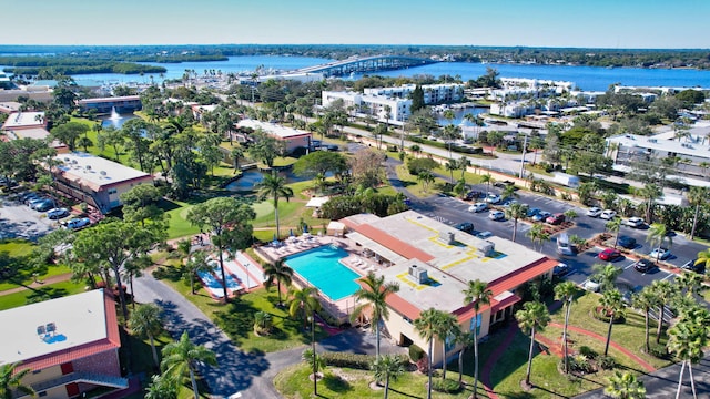 drone / aerial view with a water view