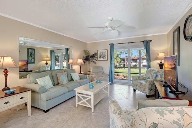 living room with crown molding, light tile patterned floors, a textured ceiling, and ceiling fan