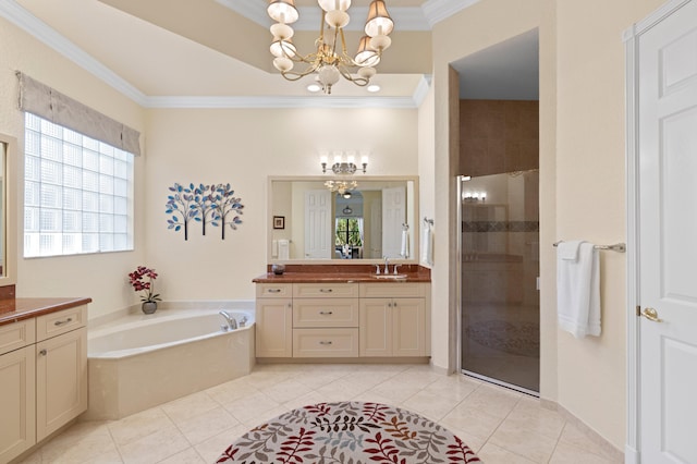 bathroom with separate shower and tub, a notable chandelier, tile patterned floors, and crown molding