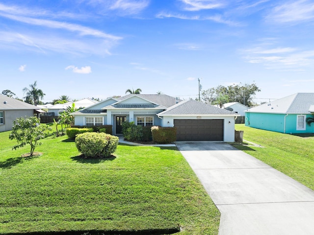 ranch-style house featuring a front lawn and a garage