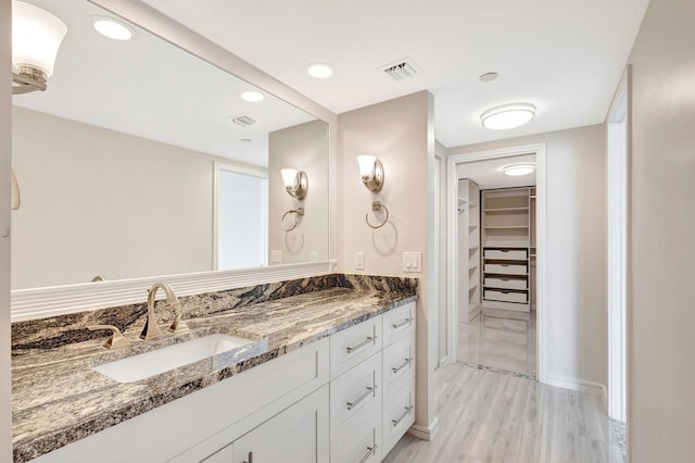 bathroom with hardwood / wood-style flooring and vanity