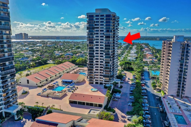 aerial view featuring a water view