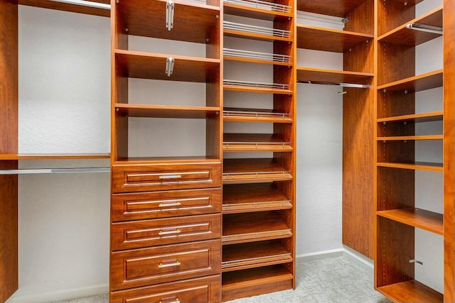 walk in closet featuring light colored carpet