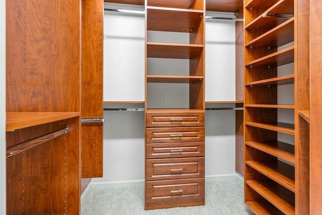 walk in closet with light carpet