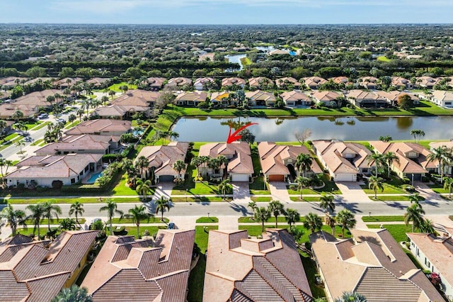 aerial view featuring a water view