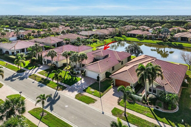 drone / aerial view featuring a water view