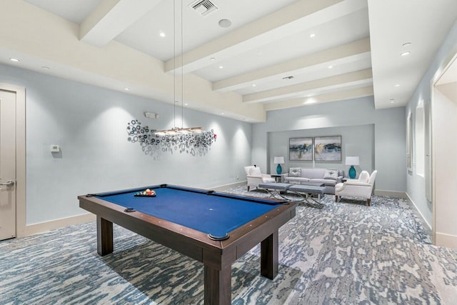 game room featuring pool table, beamed ceiling, and carpet