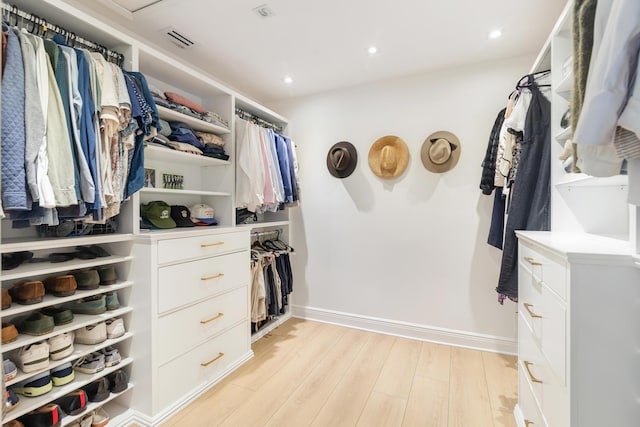 spacious closet with light hardwood / wood-style flooring