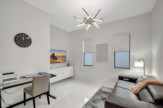 tiled office space featuring a chandelier