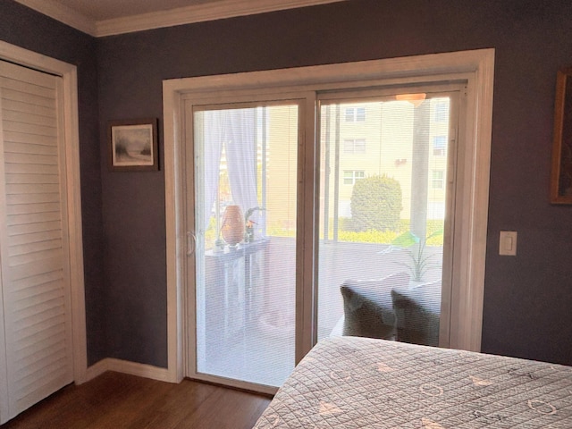 doorway with ornamental molding and dark wood-type flooring