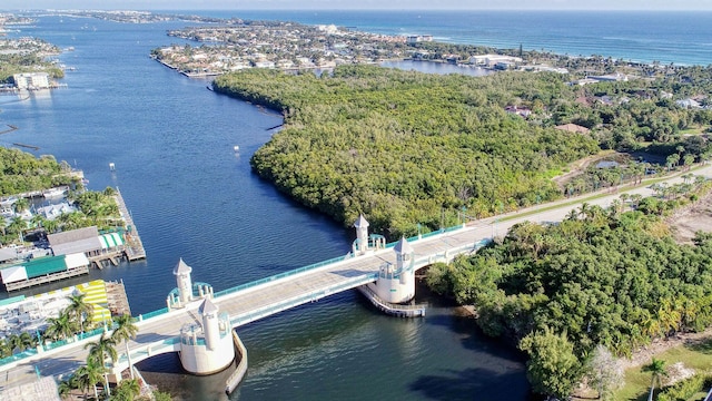 drone / aerial view with a water view