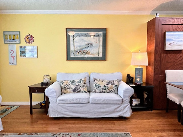 living room with crown molding and wood-type flooring