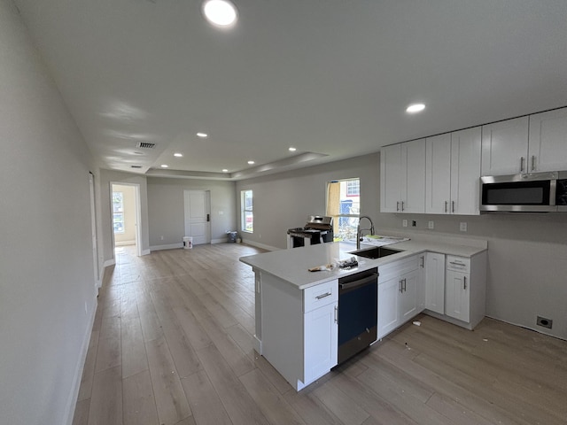 kitchen with stainless steel appliances, white cabinetry, sink, and kitchen peninsula