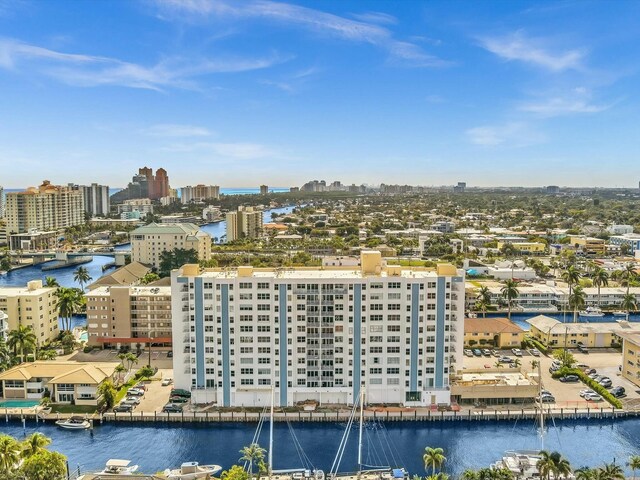 bird's eye view with a water view