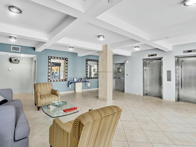 tiled living room featuring beamed ceiling, elevator, and coffered ceiling