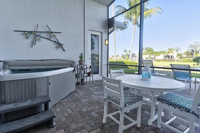 view of patio featuring a hot tub